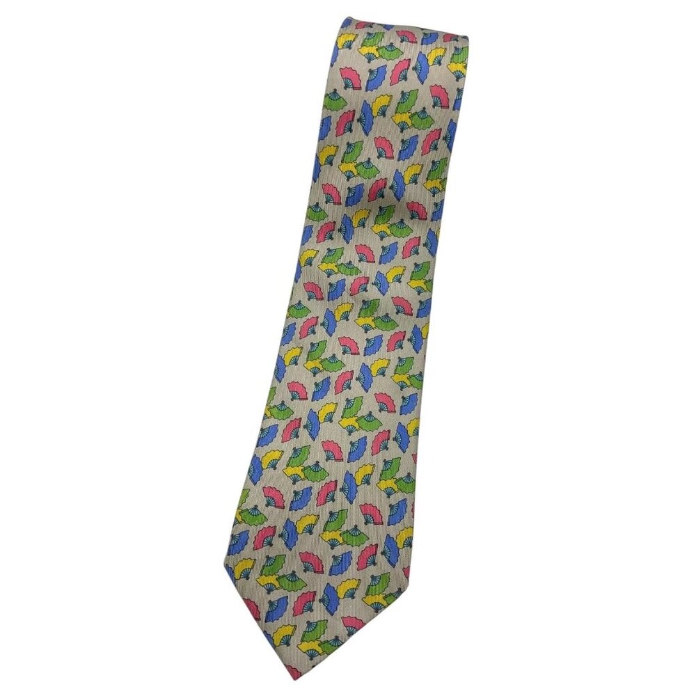 HERMÈS Men's 100% Silk Necktie LUXURY Tie 7237 MA Ivory Japanese Fan W:3.4" EUC